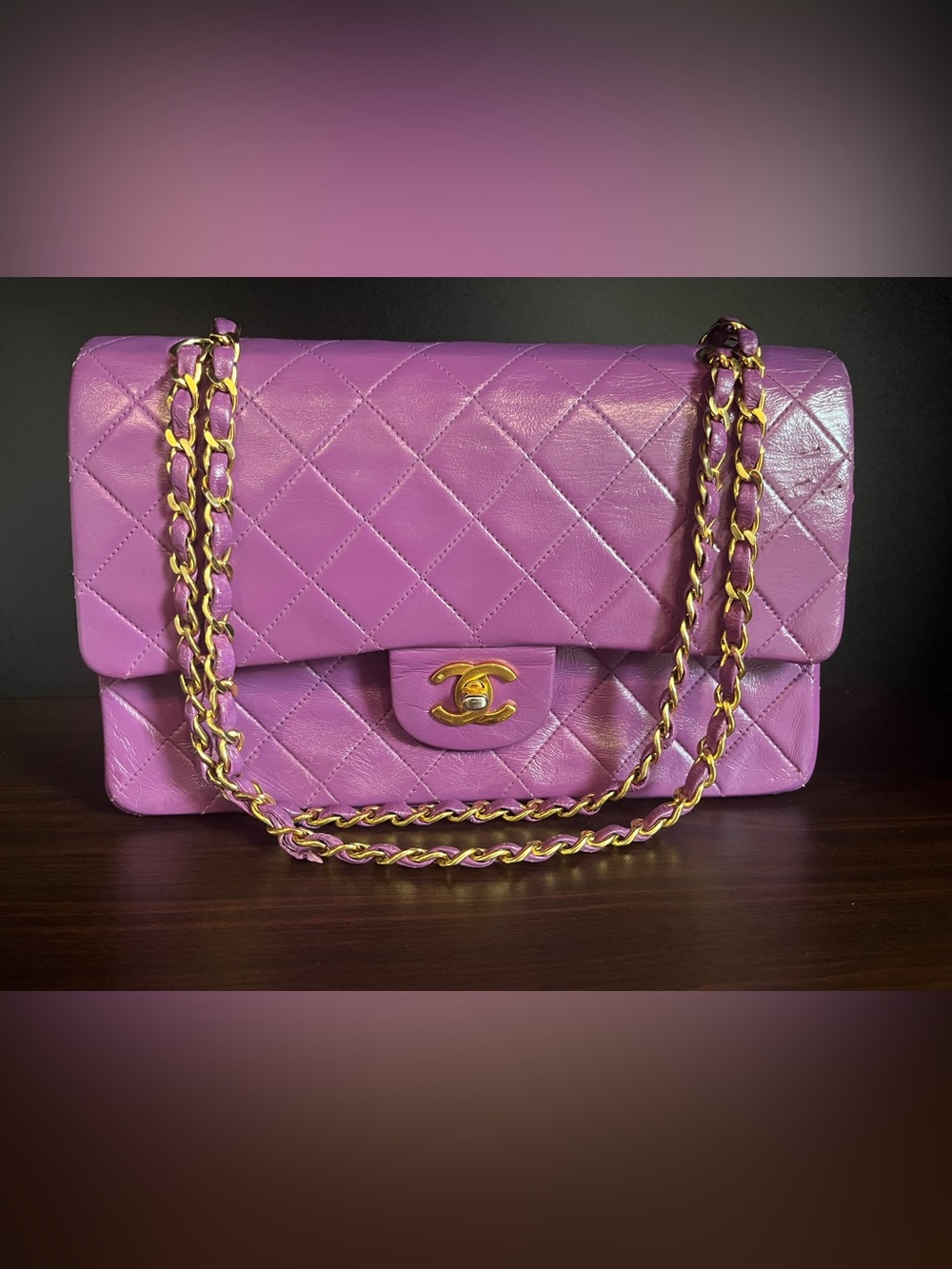CHANEL Quilted Lambskin Shoulder Bag in Vibrant Purple 24KT Gold plated Chain
